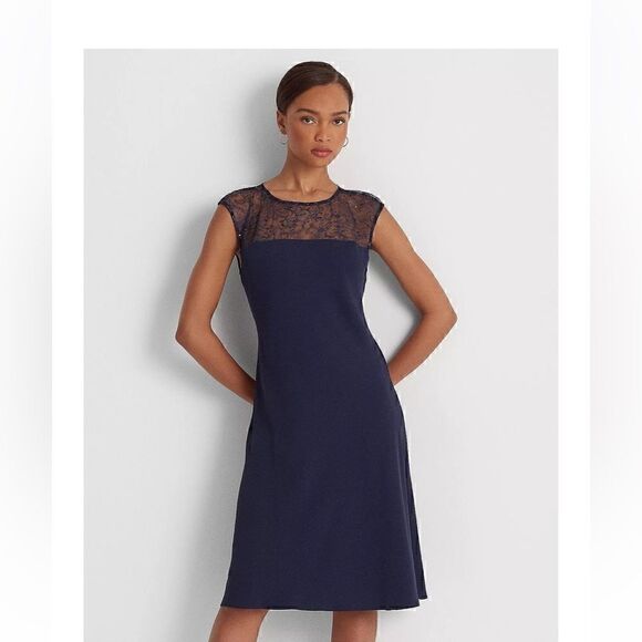 LAUREN RALPH LAUREN Navy Sleeveless Round Neck Cocktail Fit Flare Dress 10 New - Picture 12 of 15